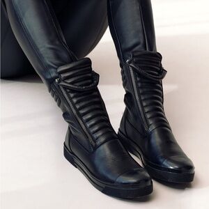 Marcella Women's Black Quilted Zip-Front Leather Combat Boots